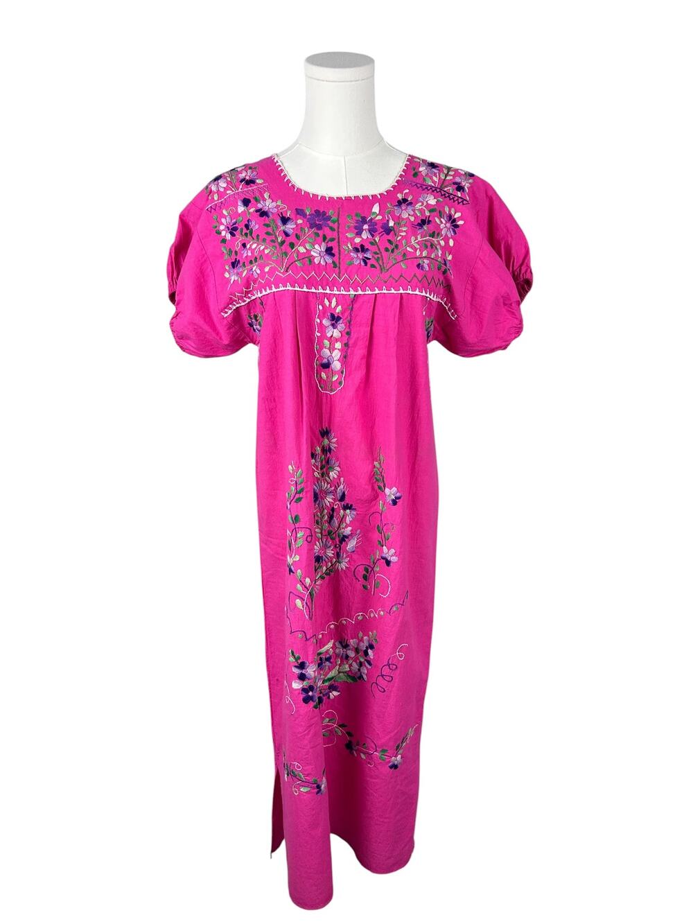 Vintage 70s Pink Mexican Oaxaca Puff Sleeve Purple Floral Embroidered Maxi Dress